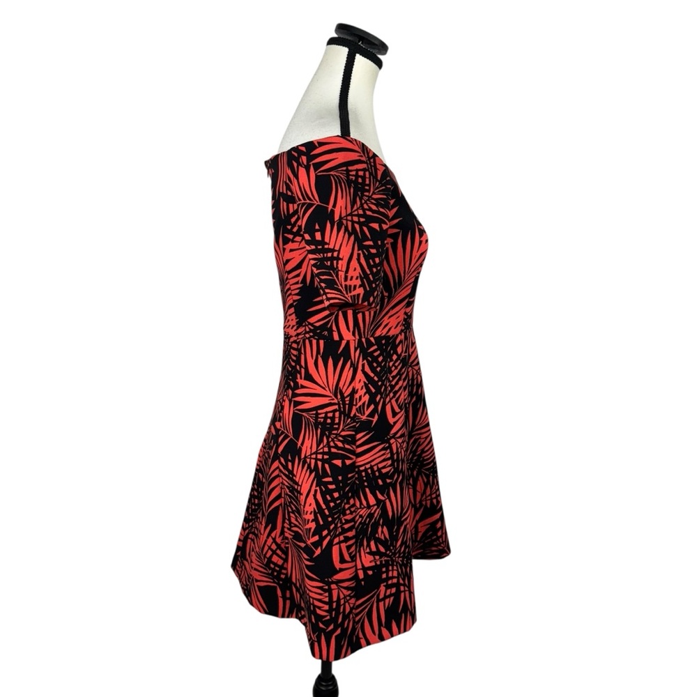 Zara Tropical Palm Print Off Shoulder Fit & Flare Mini Dress Red Black Size S - Picture 3 of 11